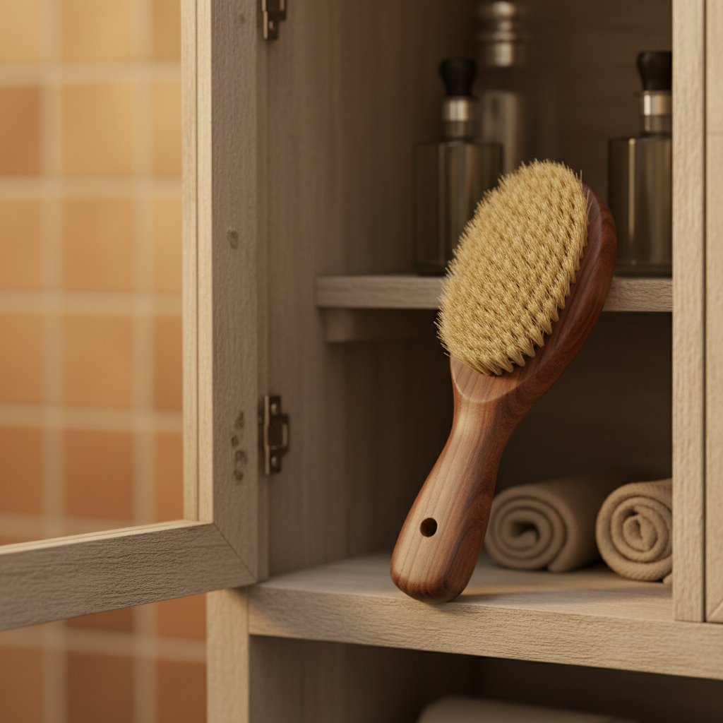 Beard brush in bathroom cabinet