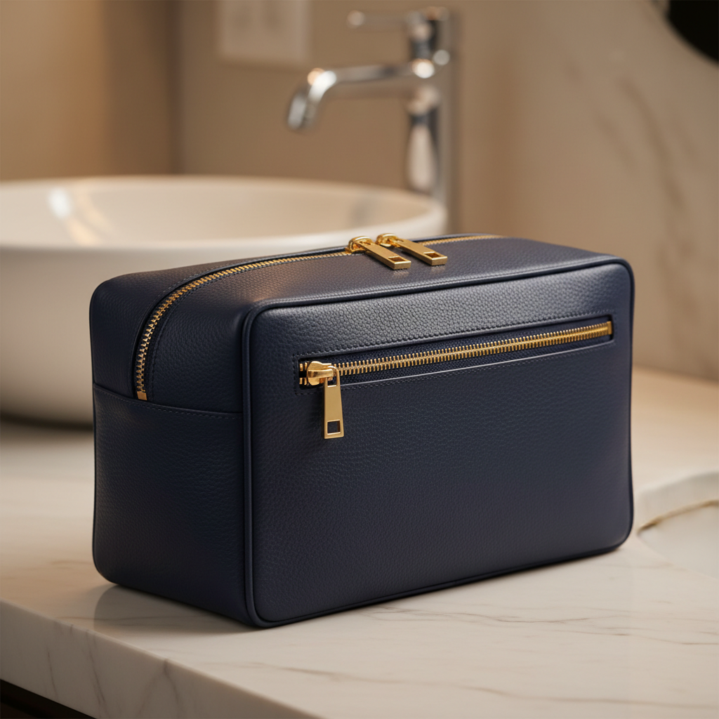 Navy leather toiletry bag