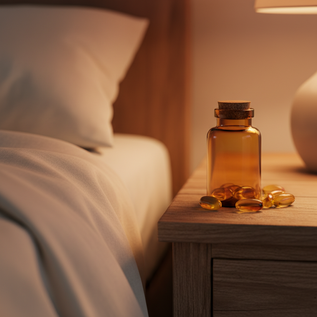 Supplement capsules on bedside table